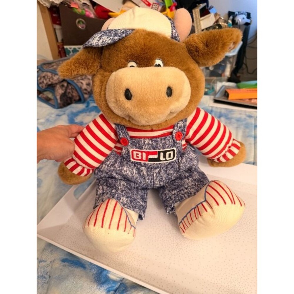Vintage Bi-Lo Grocery Store Bull Mascot Plush Advertising Toy Red White Striped